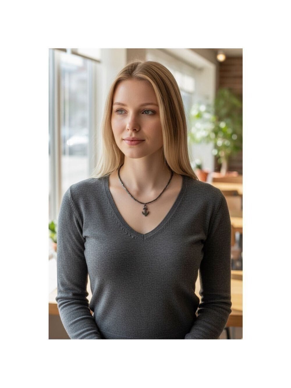 Hematite Barrel Bead Choker Necklace with an anchor pendant